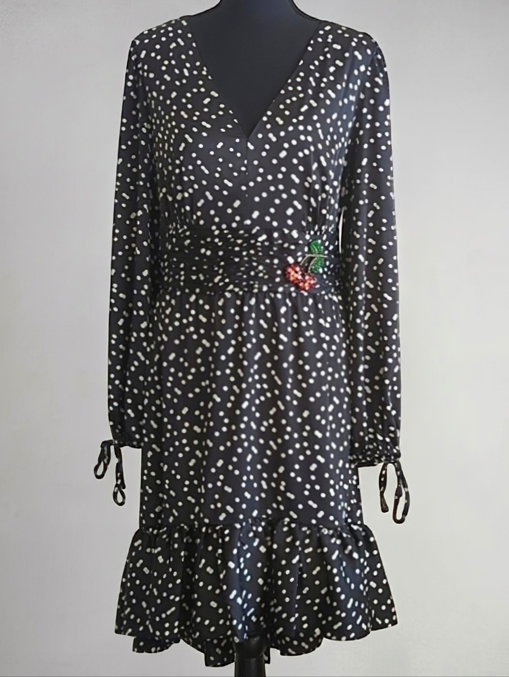 Betsey Johnson Polka Dot Beaded Cherry Ruffled Hem High Low Dress Black 14 W